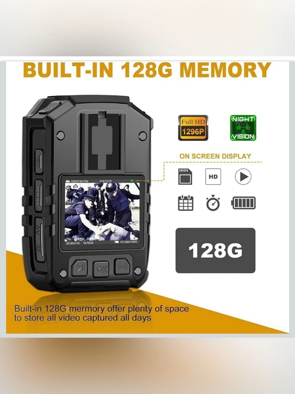 1296P HD Police Body Camera,128G Memory,CammPro I826 Premium Portable BodyCamera